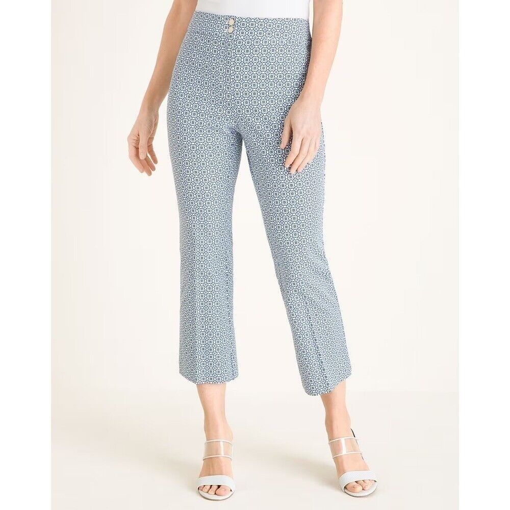 Chicos Women Secret Stretch Straight Leg Crop Pant 1.5 Size 10 Blue Geometric